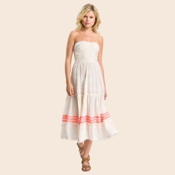 Free People Cream and Neon Orange Festival Peasant Dress Size Small - Picture 1 of 10